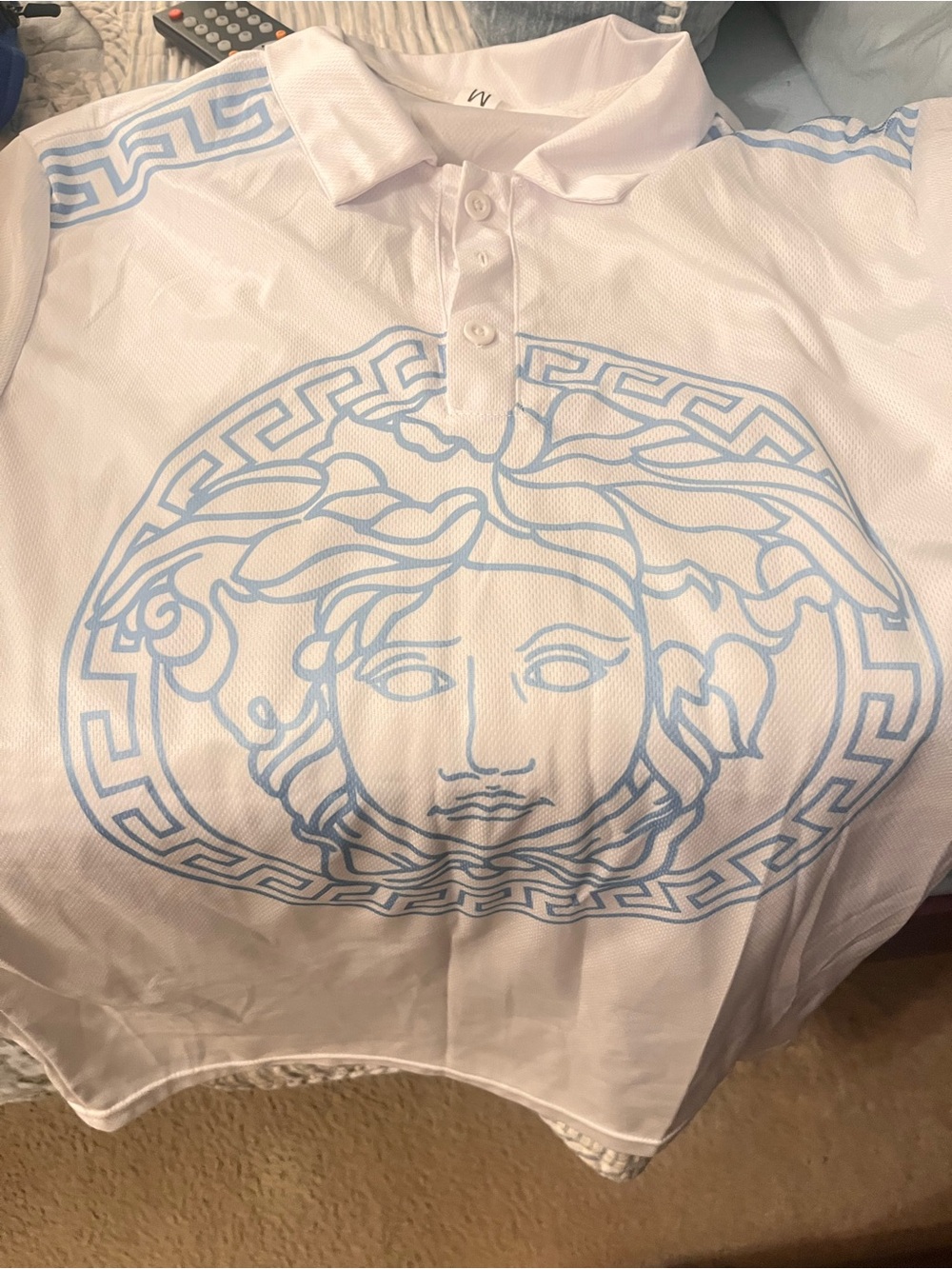 Versace like Greek White Polo Top with Light Blue Medusa Graphic -men Size M